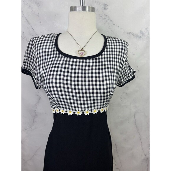 Vtg 90s ALL THAT JAZZ Gingham Babydoll Dress 9 M Black White Sunflower Grunge - Picture 6 of 14